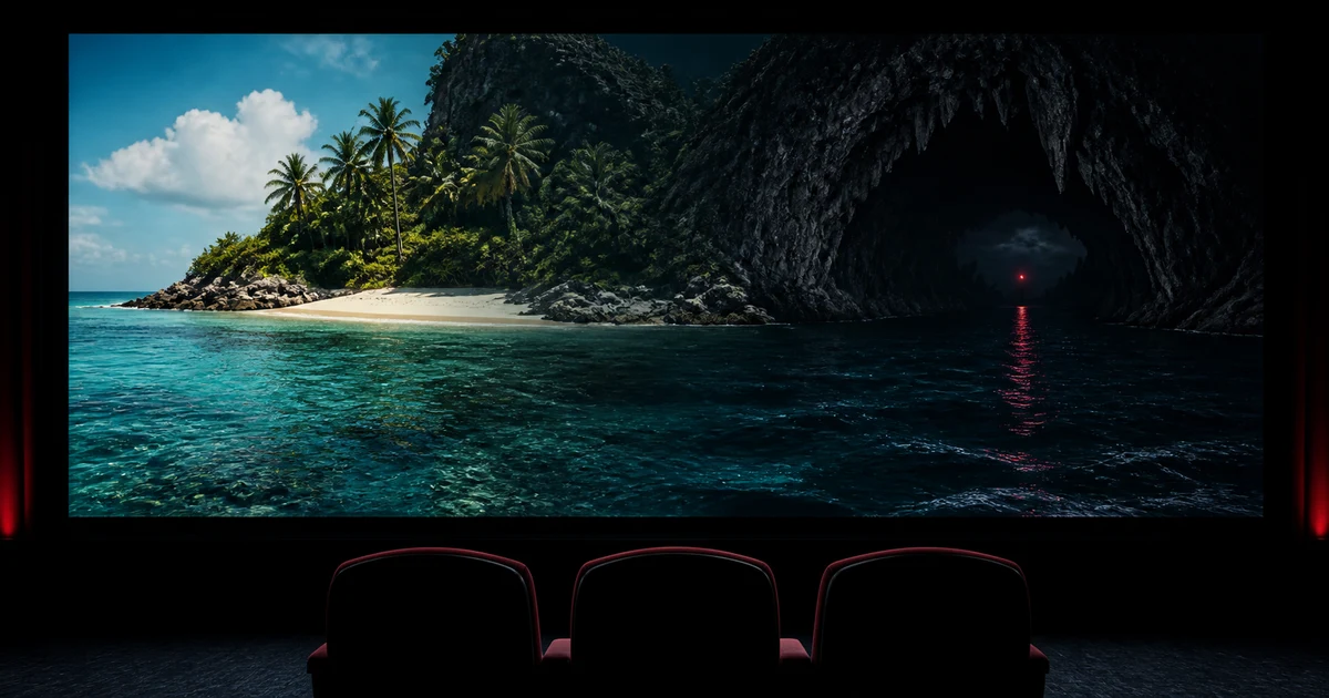 無人の映画館で、三つの空席の先に明るい南の島と暗い洞窟を映す大きなスクリーン