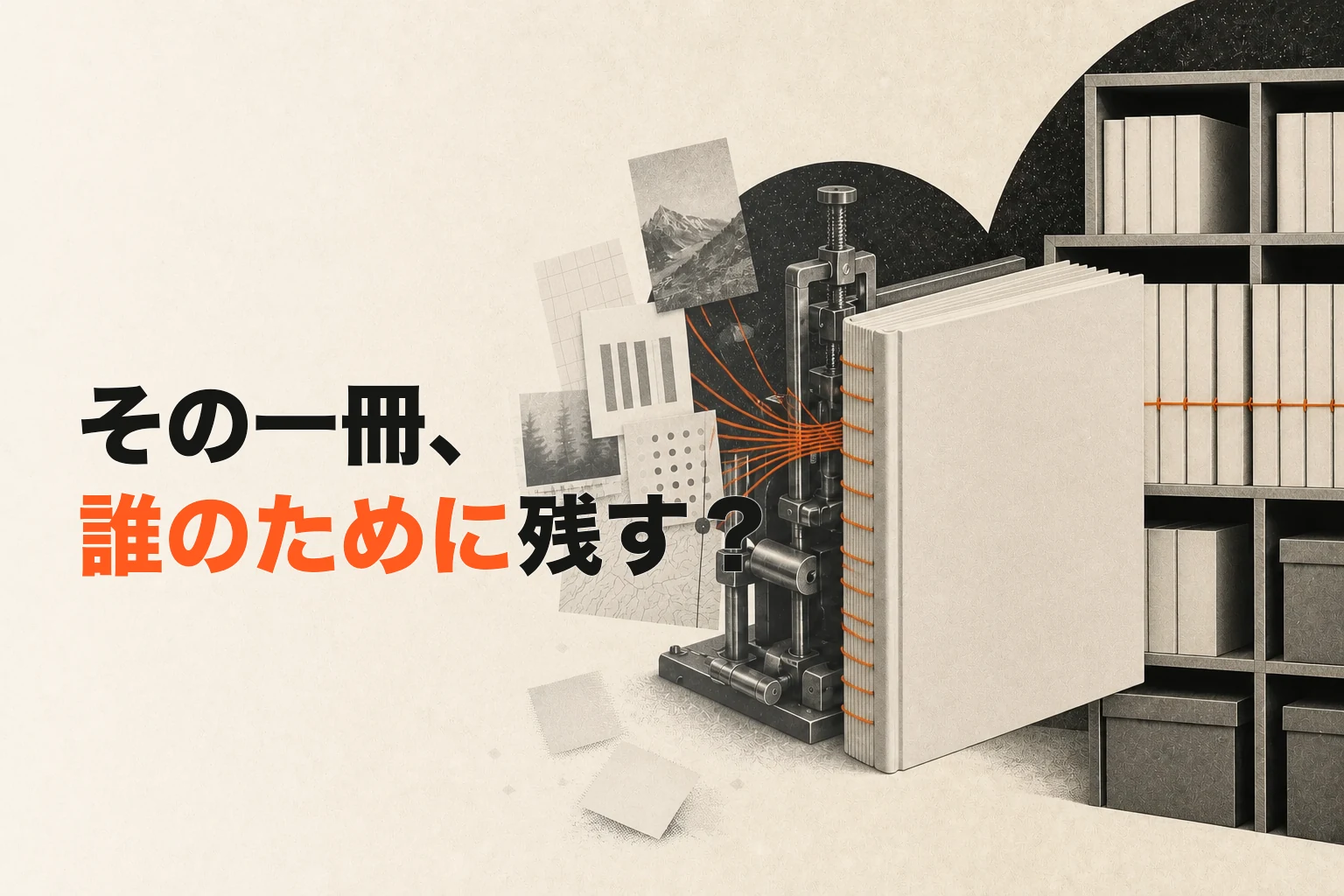 「その一冊、誰のために残す？」というコピーと、企業の知見が製本され書棚へ蓄積されるビジュアル