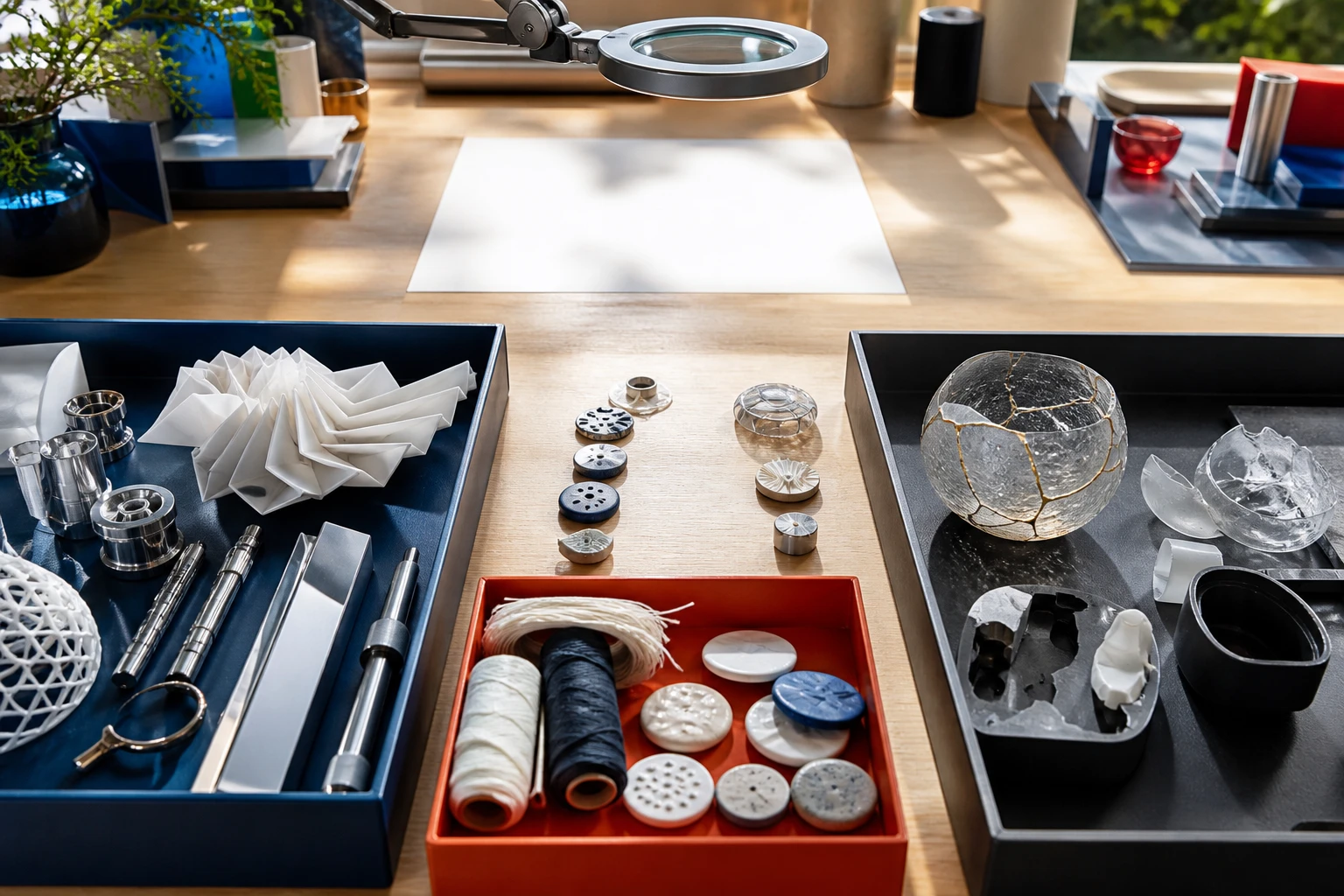 明るい工房で精密部品、会話を表す糸と陶片、修復した割れ物の三つの箱が空の編集台を囲む写真
