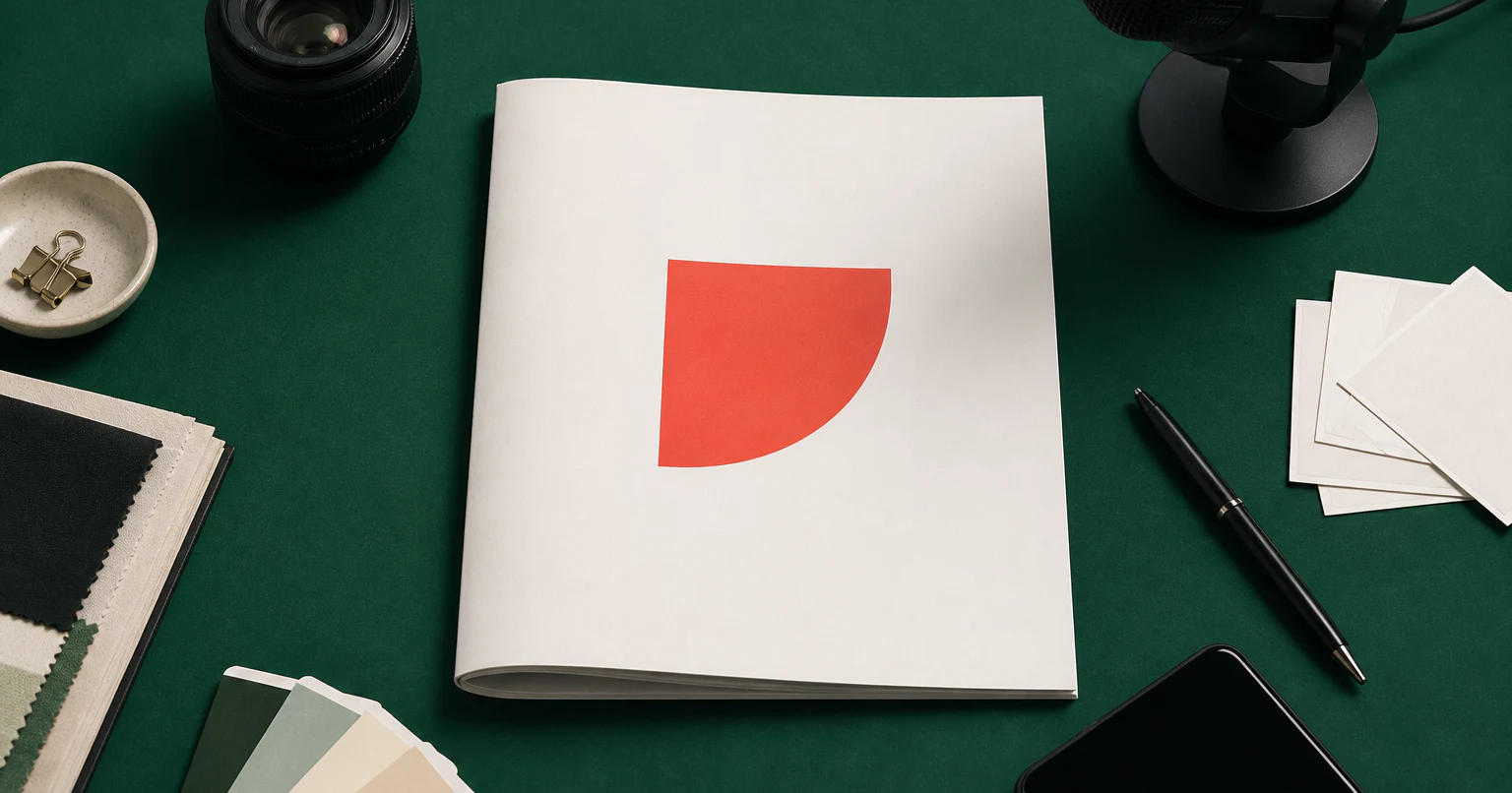 カメラ、マイク、色見本などの制作道具に囲まれた深緑の机の中央に、一冊の白いポートフォリオが置かれた俯瞰イメージ