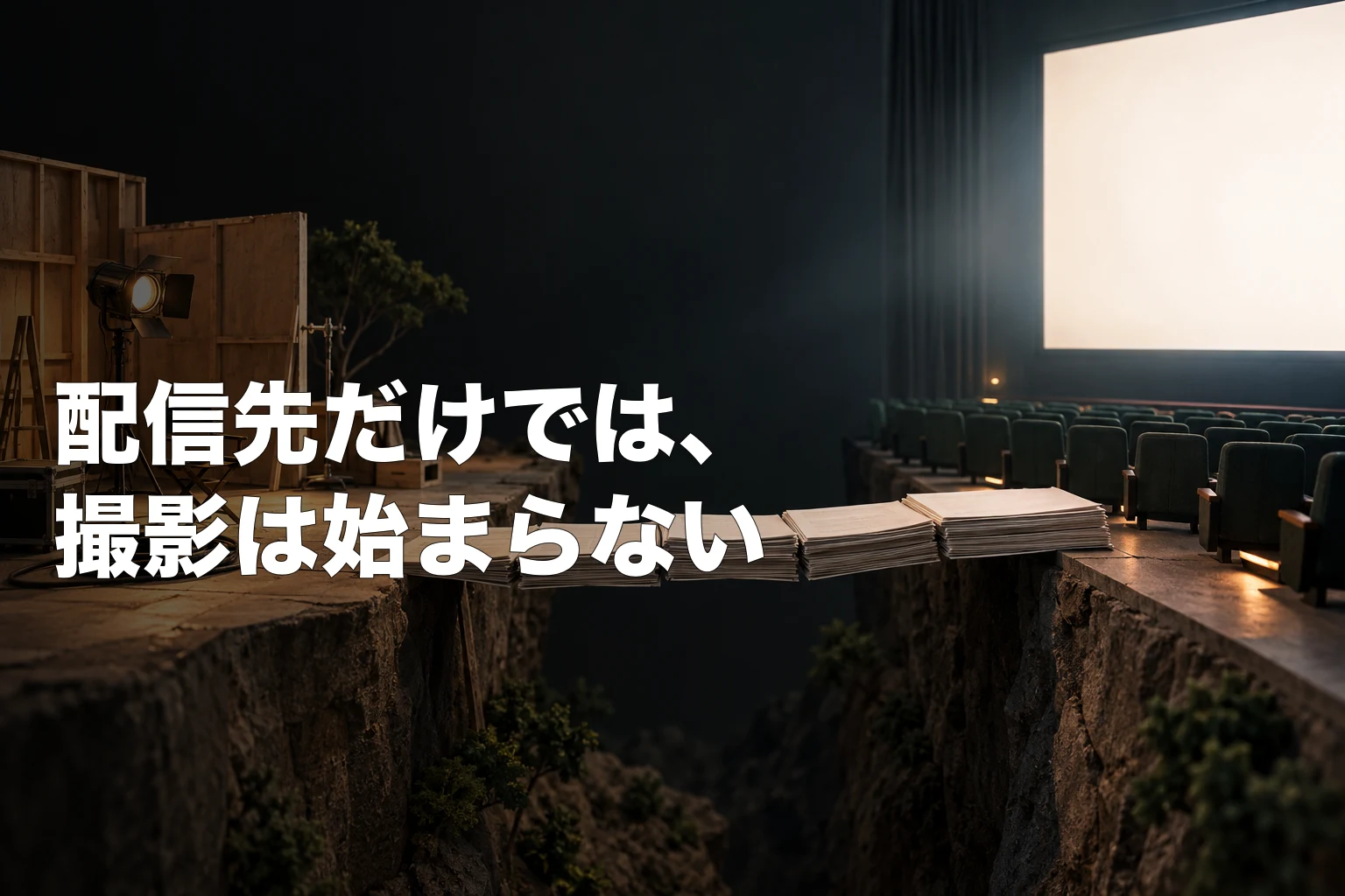 未完成の撮影セットと映画館の間を、白い書類の束が橋のようにつないでいる