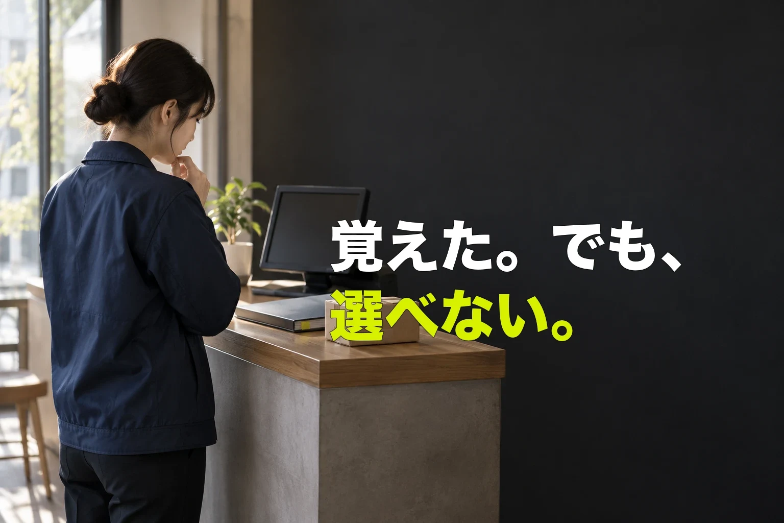 接客カウンターで荷物と業務端末を前に手を止め、判断に迷う社員を表した編集写真