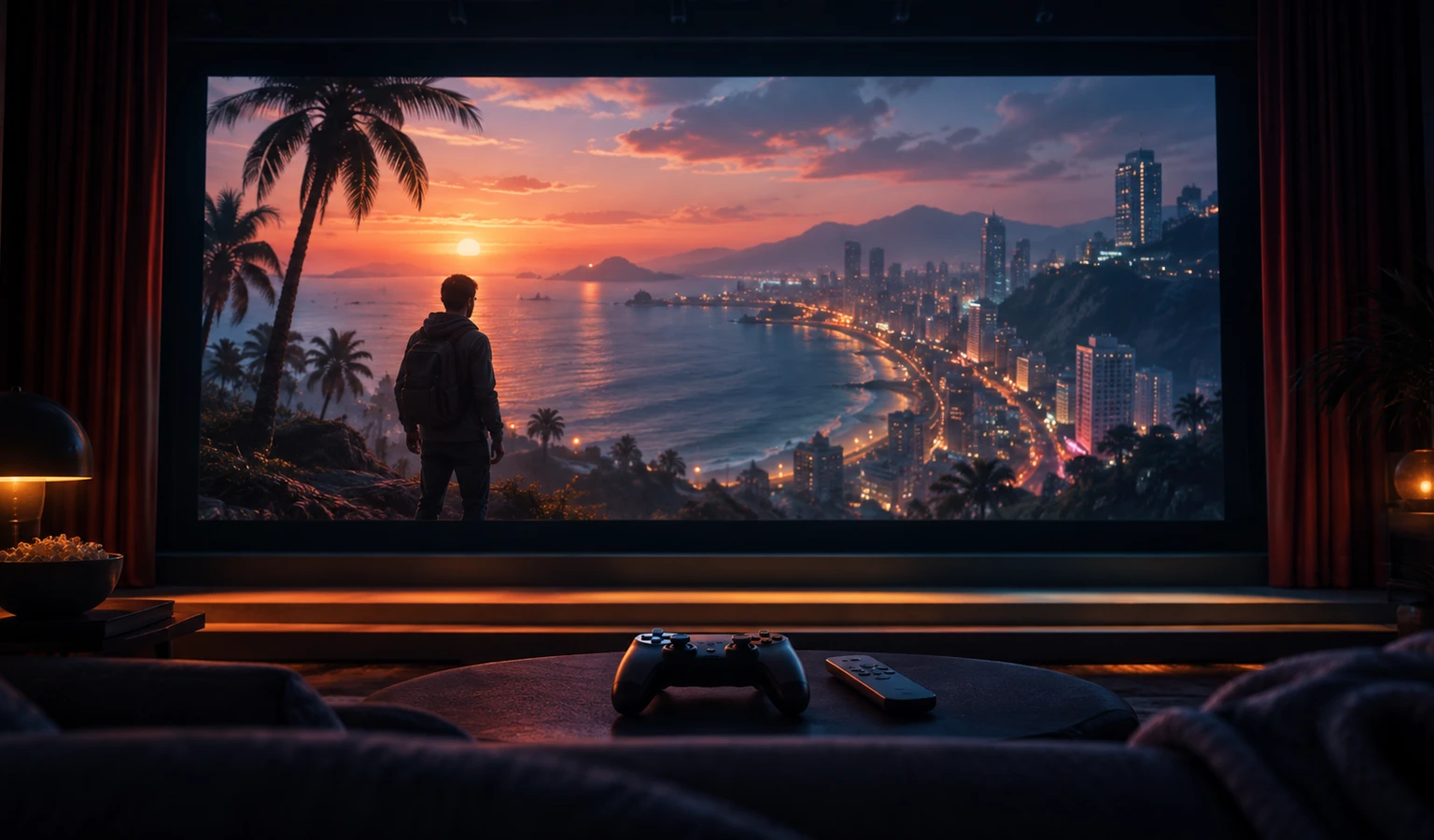 大きな映画スクリーンの手前に、無地のゲームコントローラーと映像用リモコンが並ぶ抽象的な視聴空間