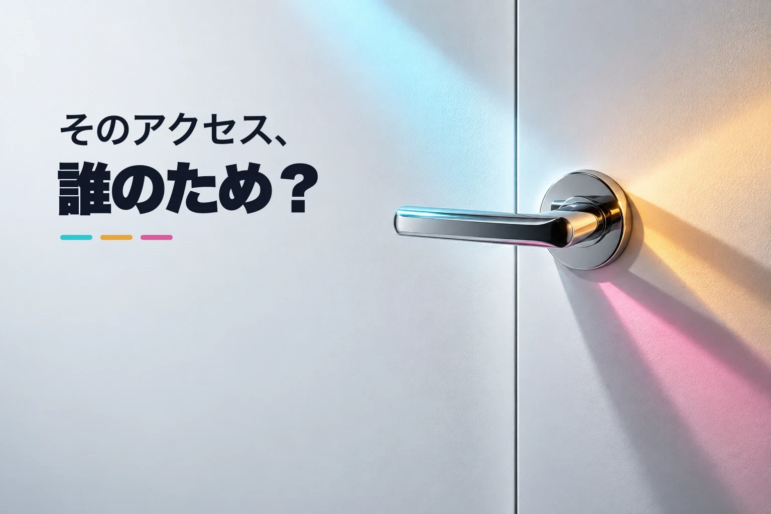 『そのアクセス、誰のため？』と問い、白い扉のクローム製ハンドルへ三色の光が異なる方向から差す編集写真