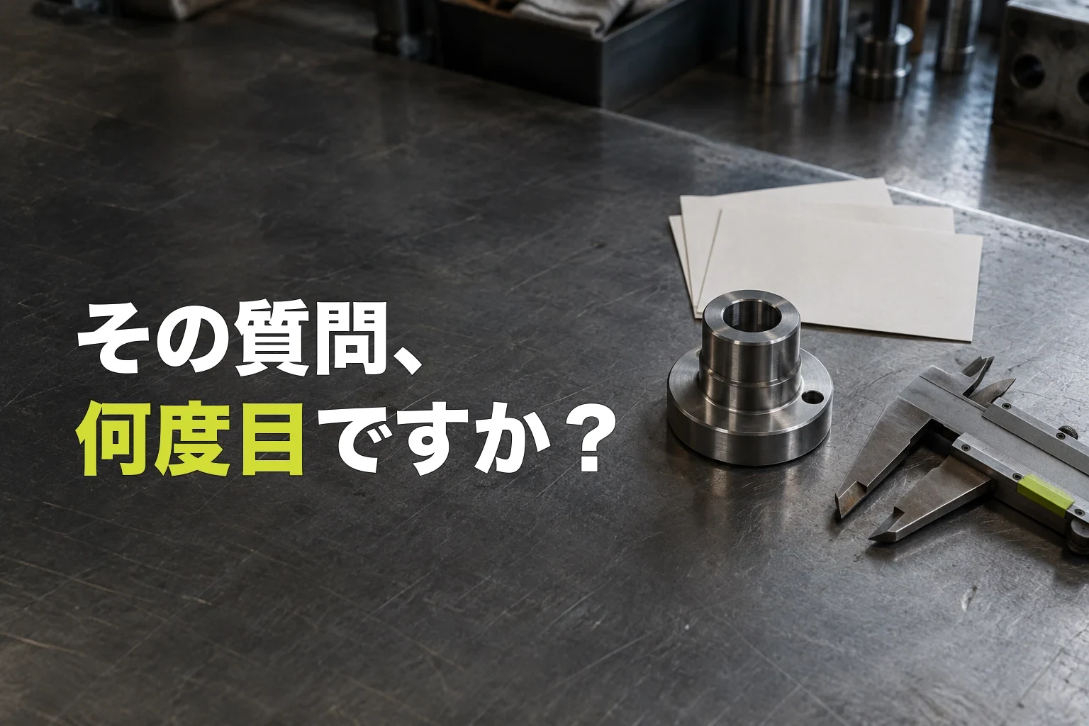無地の問い合わせ票が並ぶ金属製の作業台で、精密部品をノギスで確認する様子を表した編集写真