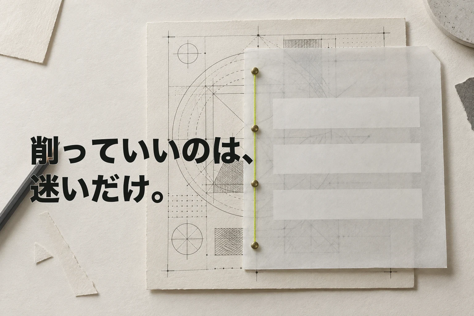 生成りの編集机で、細かな技術図を思わせる紙と、明快な手順を表す半透明紙を重ね、ライム色の糸で参照点を結んだ編集写真