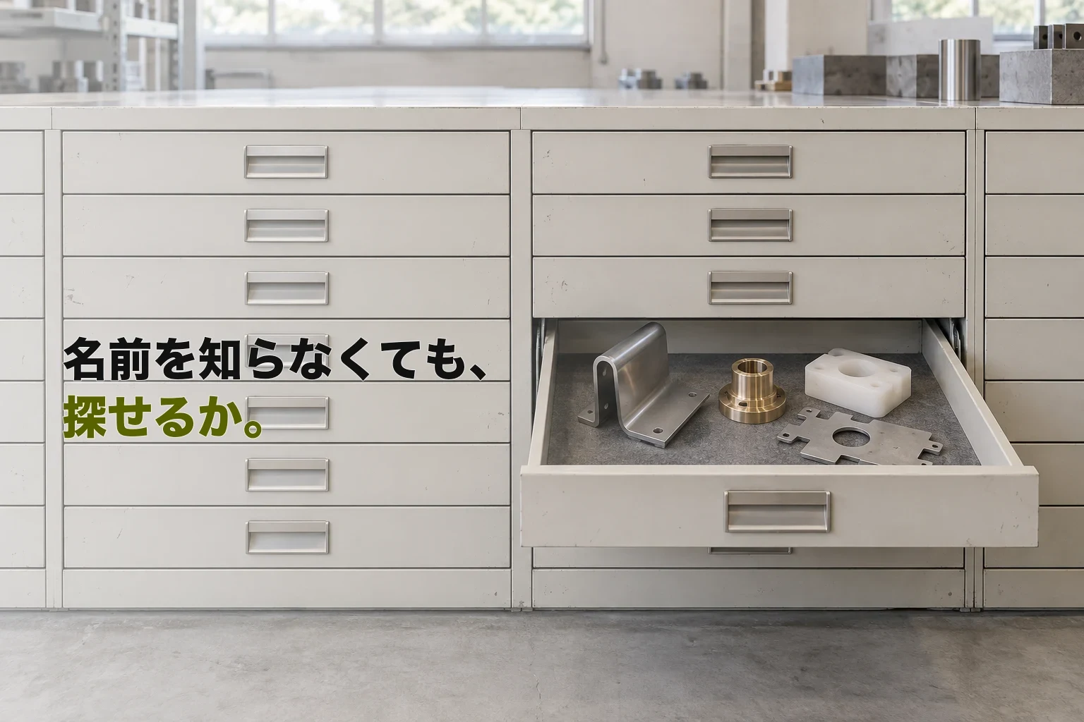 淡い工業用部品棚の前で、名前のない収納箱から素材と加工の異なる試験片を探す場面を表した編集写真