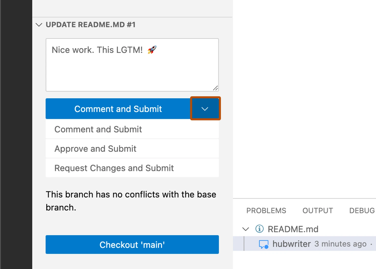 コメント送信、承認、変更要求を別々に選ぶGitHub Codespacesの公式画面例