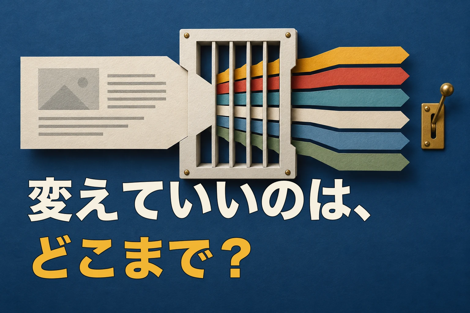 無地の広告提案書が格子状の装置を通り、決められた色と幅の六つの選択肢へ分かれ、外側に承認レバーが残る切り紙風ビジュアル