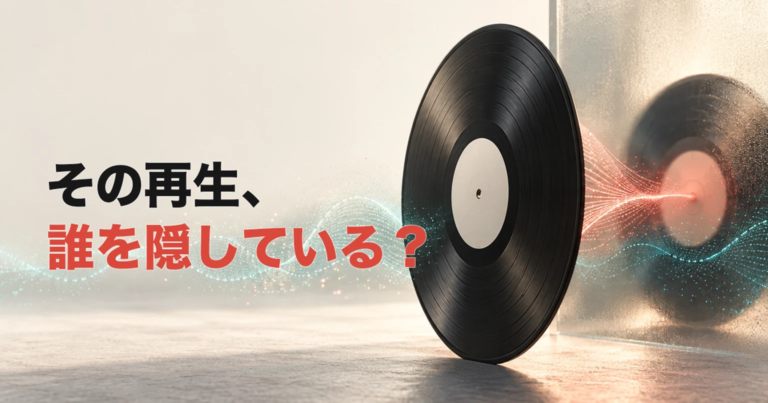 前面に立つ黒いレコードの背後を、赤と青緑の音声データの流れが別のレコードへ抜けていく編集部制作ビジュアル。