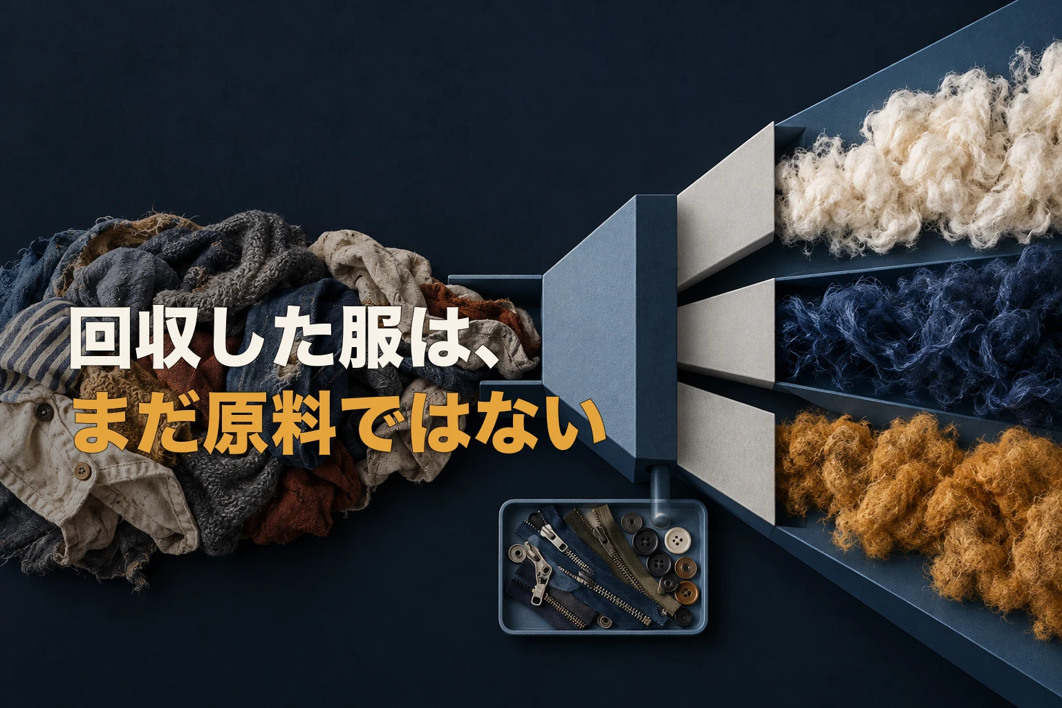 使い古した衣料が選別装置を通り、白、紺、黄土色の均質な繊維へ分かれ、ボタンとファスナーが取り除かれた様子