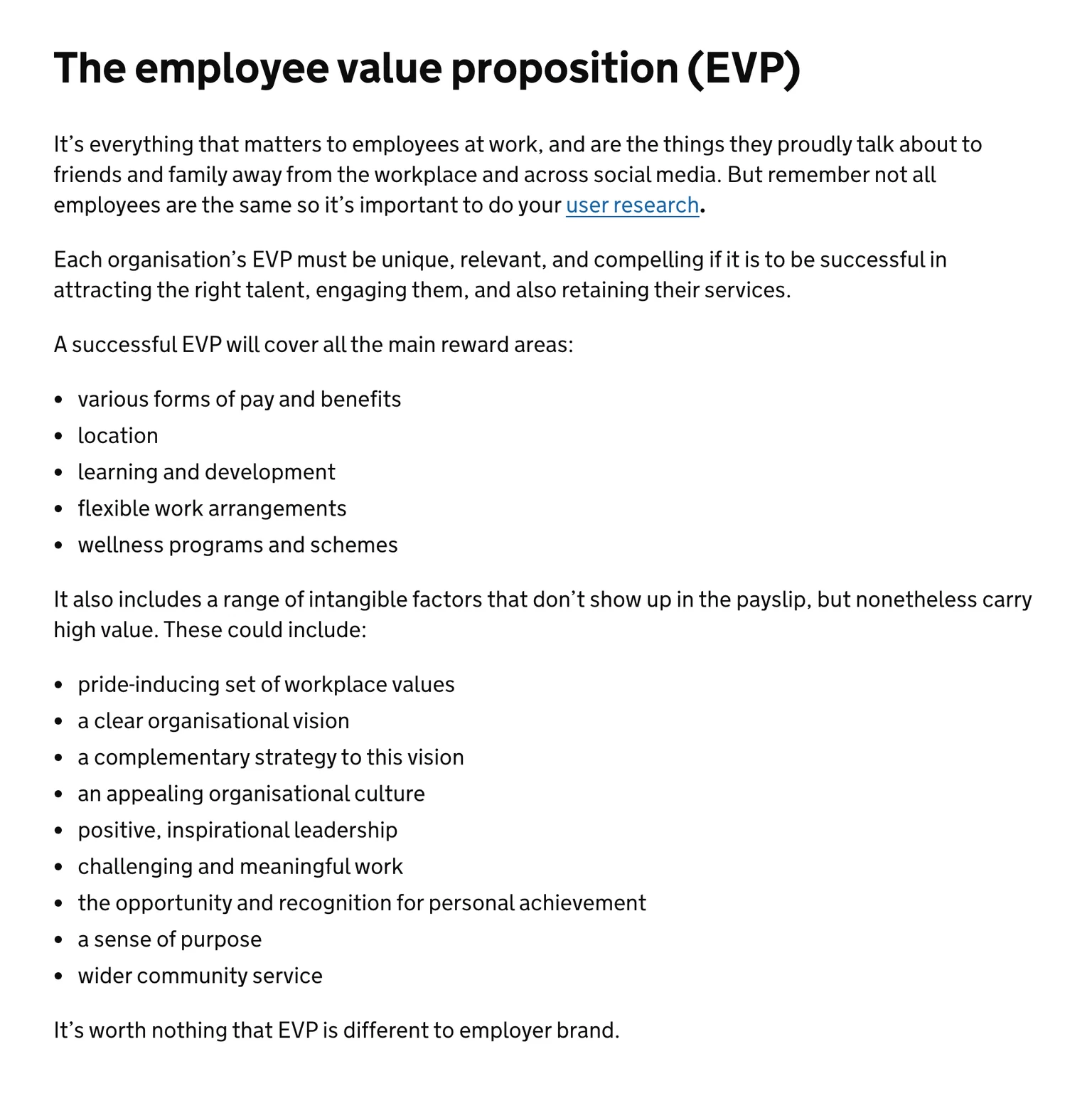 GOV.UK Digital PeopleのEVP説明。給与・福利厚生、勤務地、学習、柔軟な働き方に加え、文化、リーダーシップ、仕事の意味などを挙げる