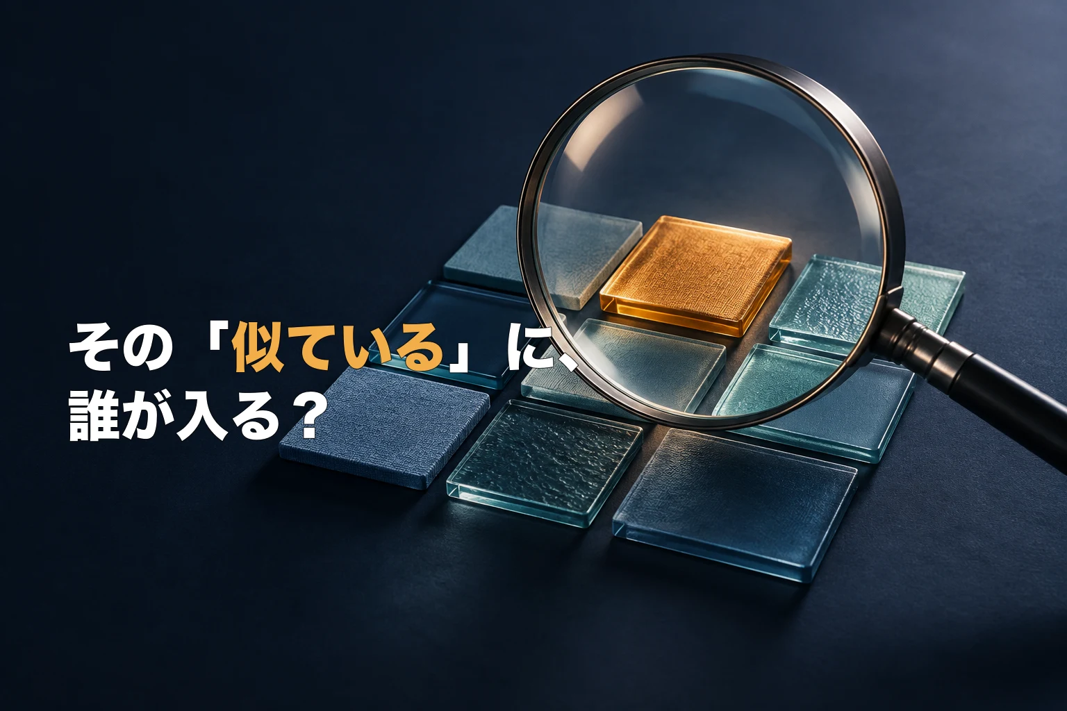 虫眼鏡が青い比較タイルの中にある一枚の琥珀色のタイルを捉え、画像検索の上位広告枠を表す編集ビジュアル