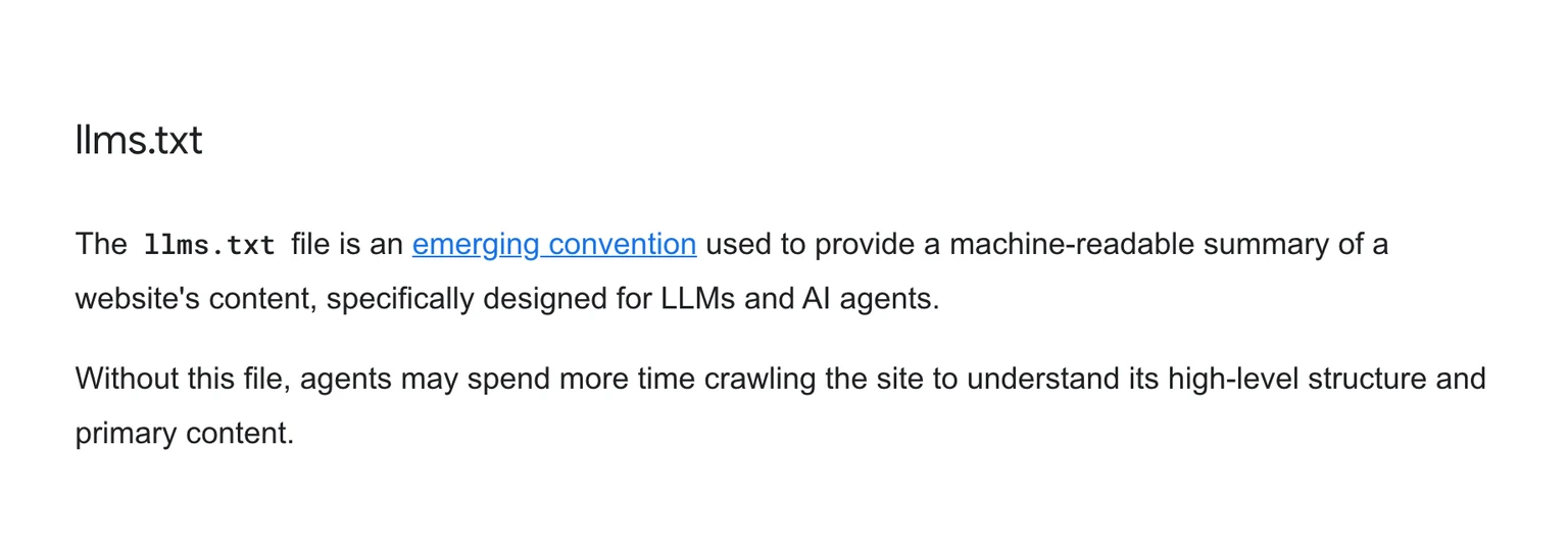 Chrome for Developersがllms.txtをWebサイトの機械可読な要約を提供する新しい慣行として説明している公式文書の抜粋