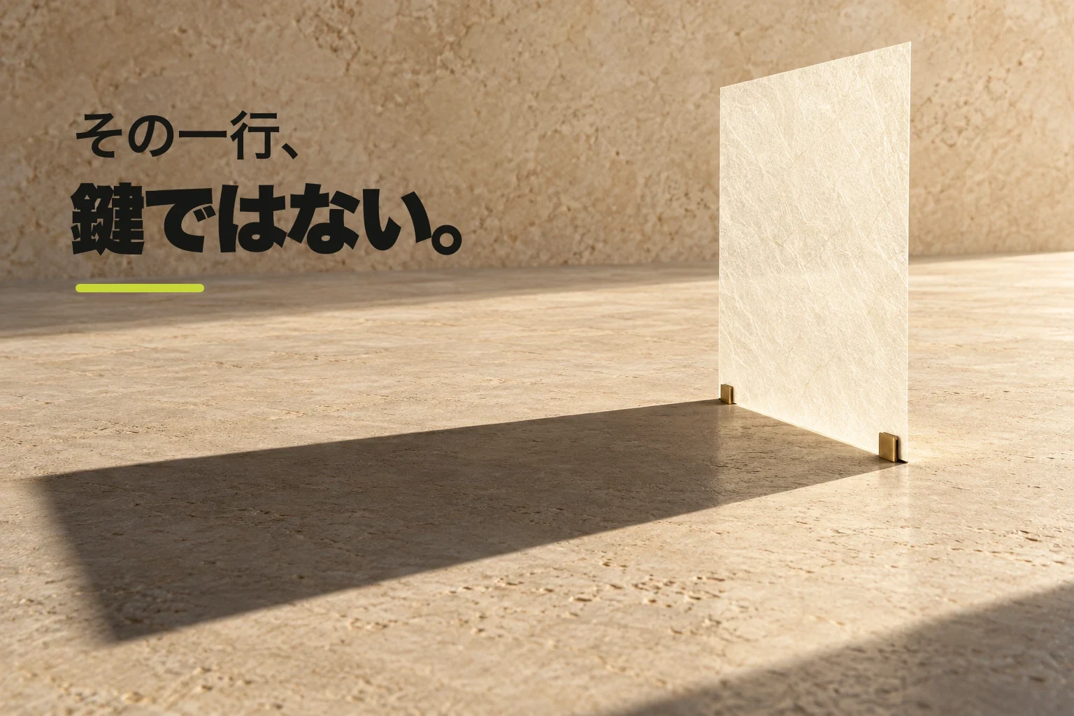 『その一行、鍵ではない。』と示し、薄い半透明の紙が石の床に巨大な壁のような影を落とす編集写真