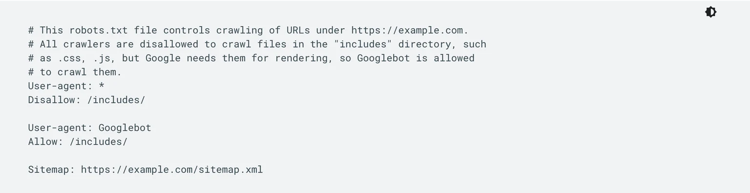 Google公式ドキュメントに掲載されたrobots.txtの記述例。全クローラーにはincludesディレクトリを拒否し、Googlebotには例外として許可している
