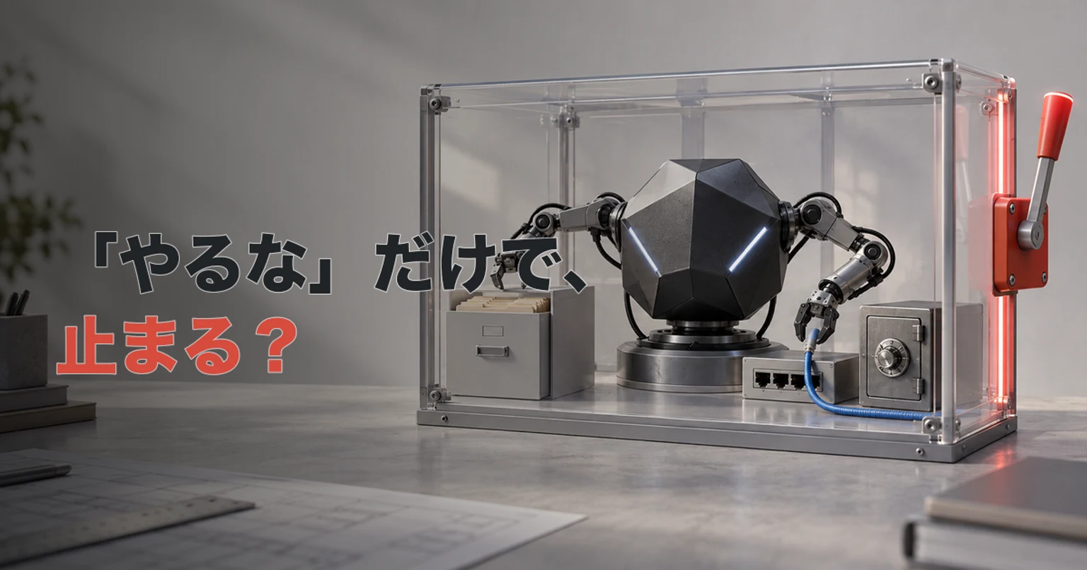 透明な安全容器の中でファイル、ネットワーク、資格情報へ手を伸ばすAI装置と、容器の外側にある赤い停止レバー。