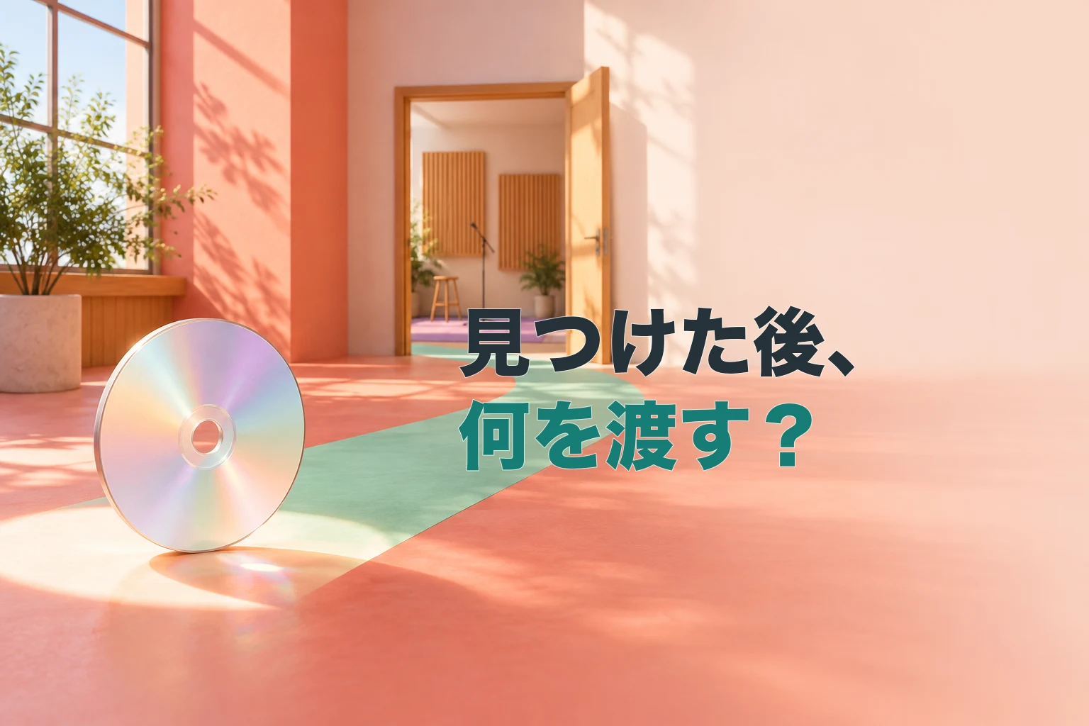 一枚の無地の音楽ディスクがスポットライトを抜け、制作室へ続く長い光の道を進む編集ビジュアル
