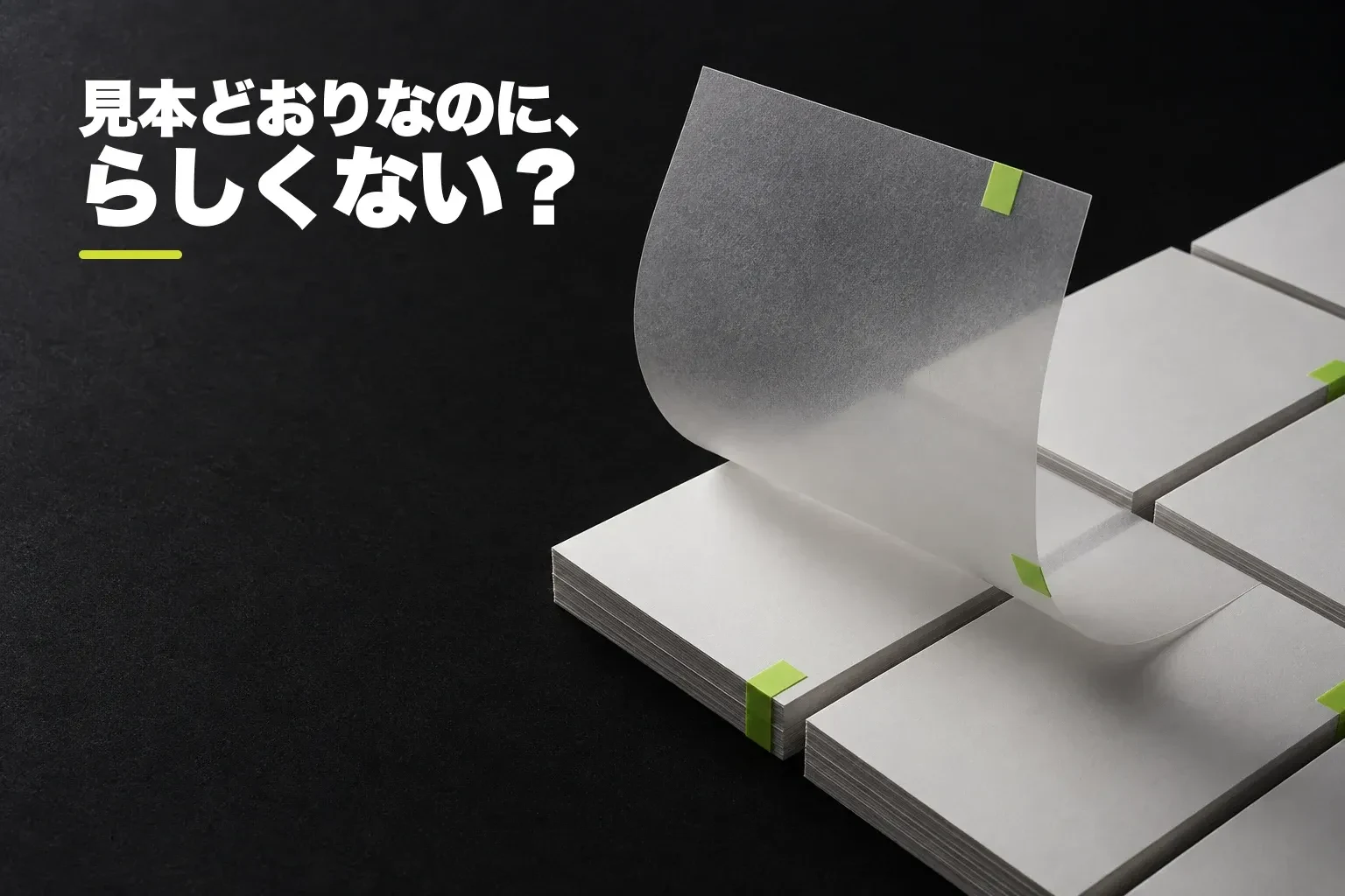 「見本どおりなのに、らしくない?」という問いと、整然と並ぶ硬い白いカードから一枚の半透明シートが曲がって立ち上がる編集写真