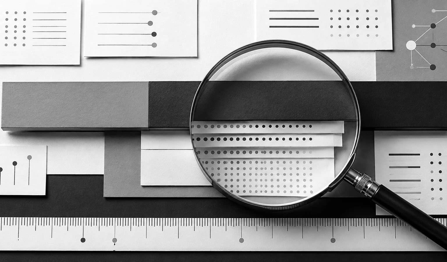 虫眼鏡の下に、点や線で表した複数のデータカードと測定目盛りが重なる抽象的な調査風景