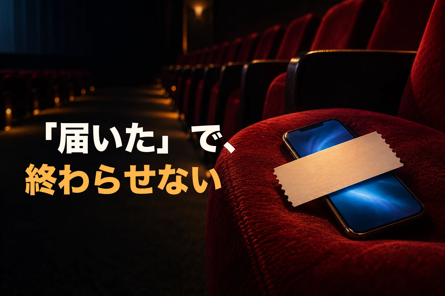 暗い映画館の赤い座席に、無地の入場券とスマートフォンが置かれ、「届いた」で、終わらせないという文字が重なる