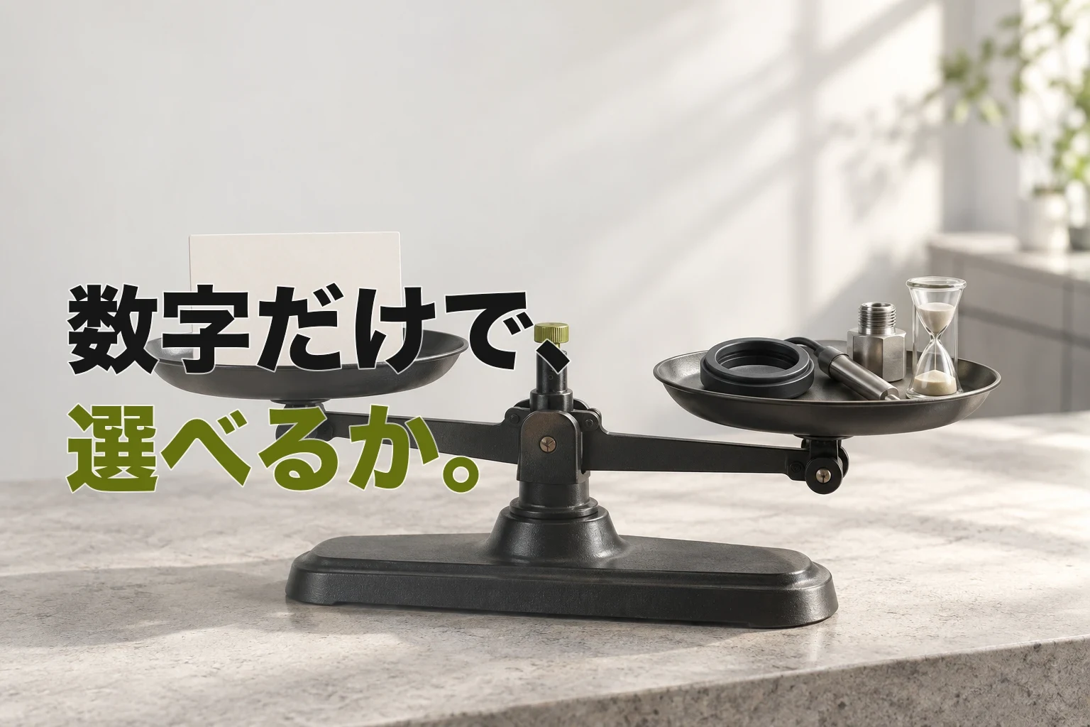 淡い実験室の天秤で、無地の仕様カードと、実物部品・温度・圧力・時間を表す道具を比べる編集写真
