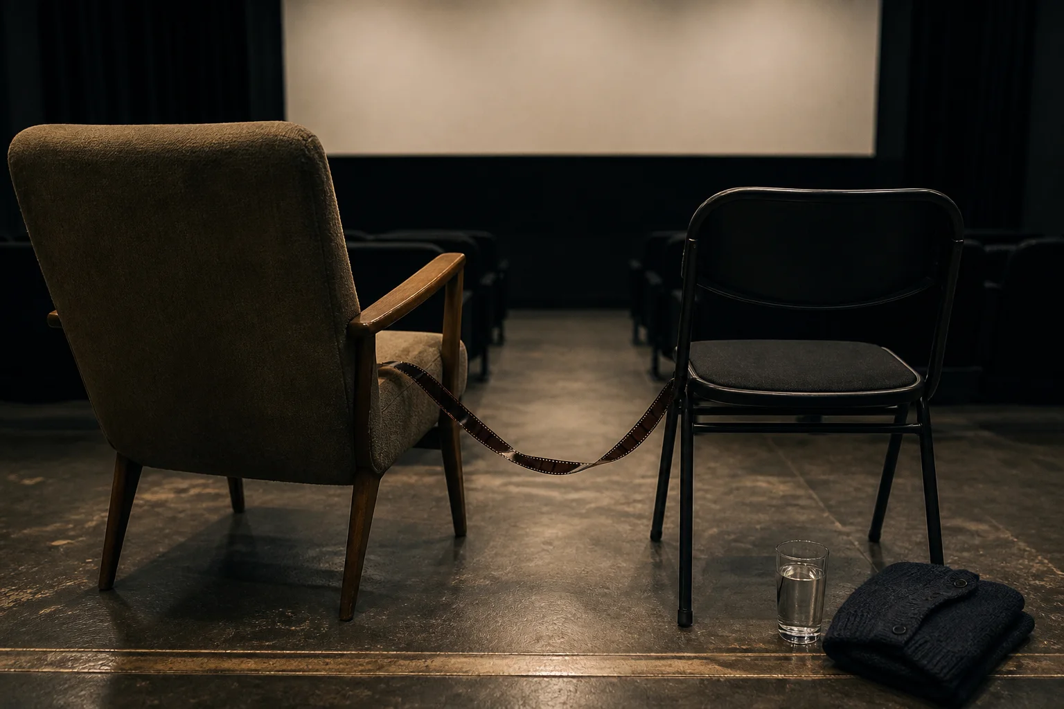 暗い上映室で、異なる二脚の椅子が長いフィルムでつながり、傍らに水とカーディガンが置かれている
