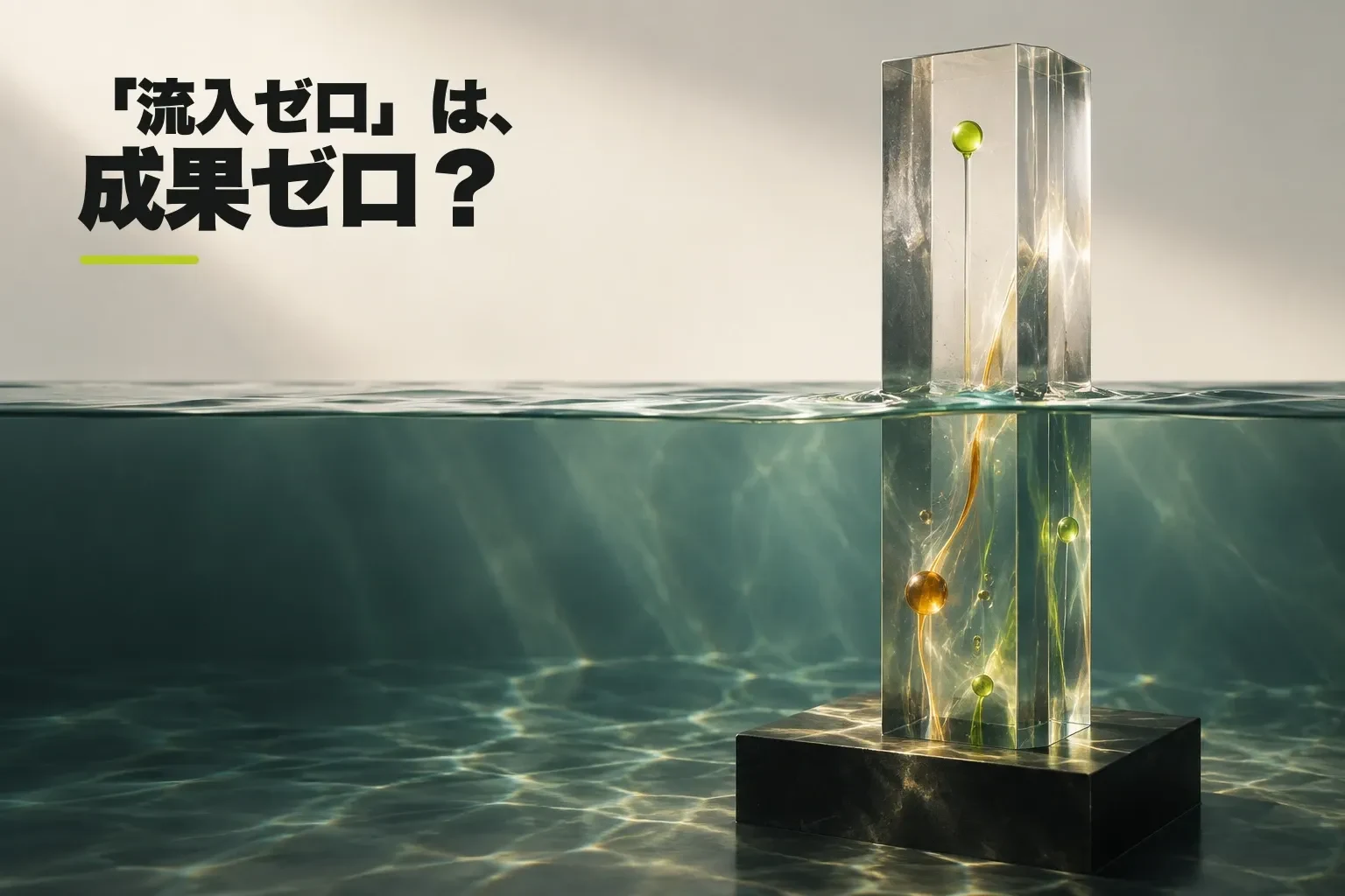 「流入ゼロ」は成果ゼロかと問い、静かな水面を貫く透明な柱の水上に一つ、水中に複数の信号が見える編集写真