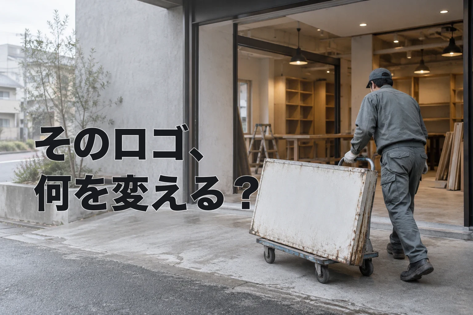会社入口で作業者が文字のない古い看板を台車で運び、開いた扉の奥では室内の配置変更が進む様子を表した編集写真