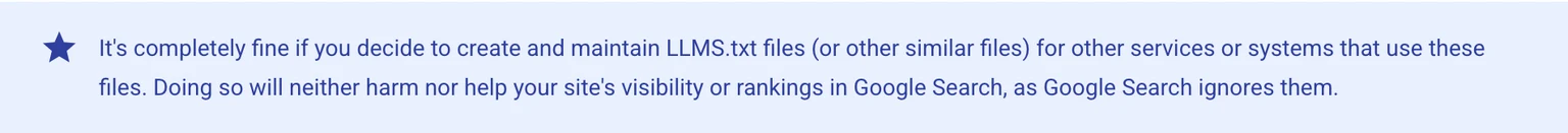 Google Search公式ガイドの注意書き。llms.txtを置いてもGoogle検索の表示や順位を上げも下げもせず、Google検索はこのファイルを使わないと示している