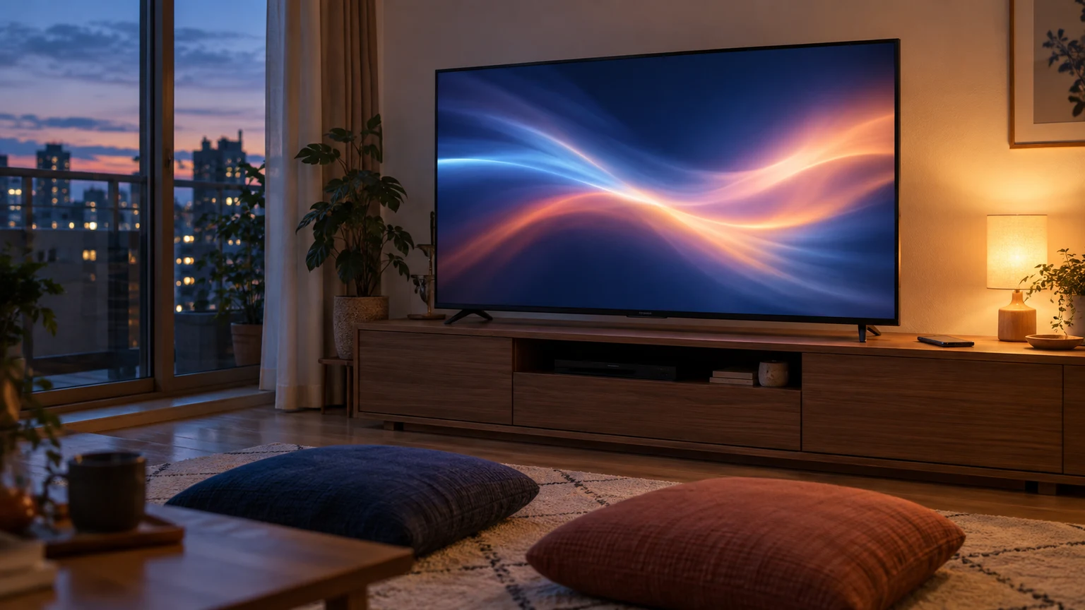 夕暮れのリビングで、抽象的な光の帯を映す大画面テレビに二つの座布団が向き、脇にスマートフォンが置かれている