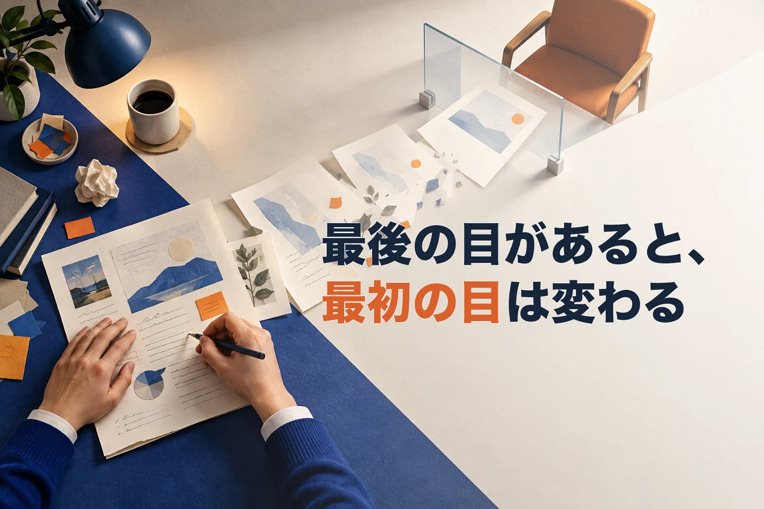 作り手の机から透明な確認ゲートと空席のレビュー担当へ書類が流れる様子