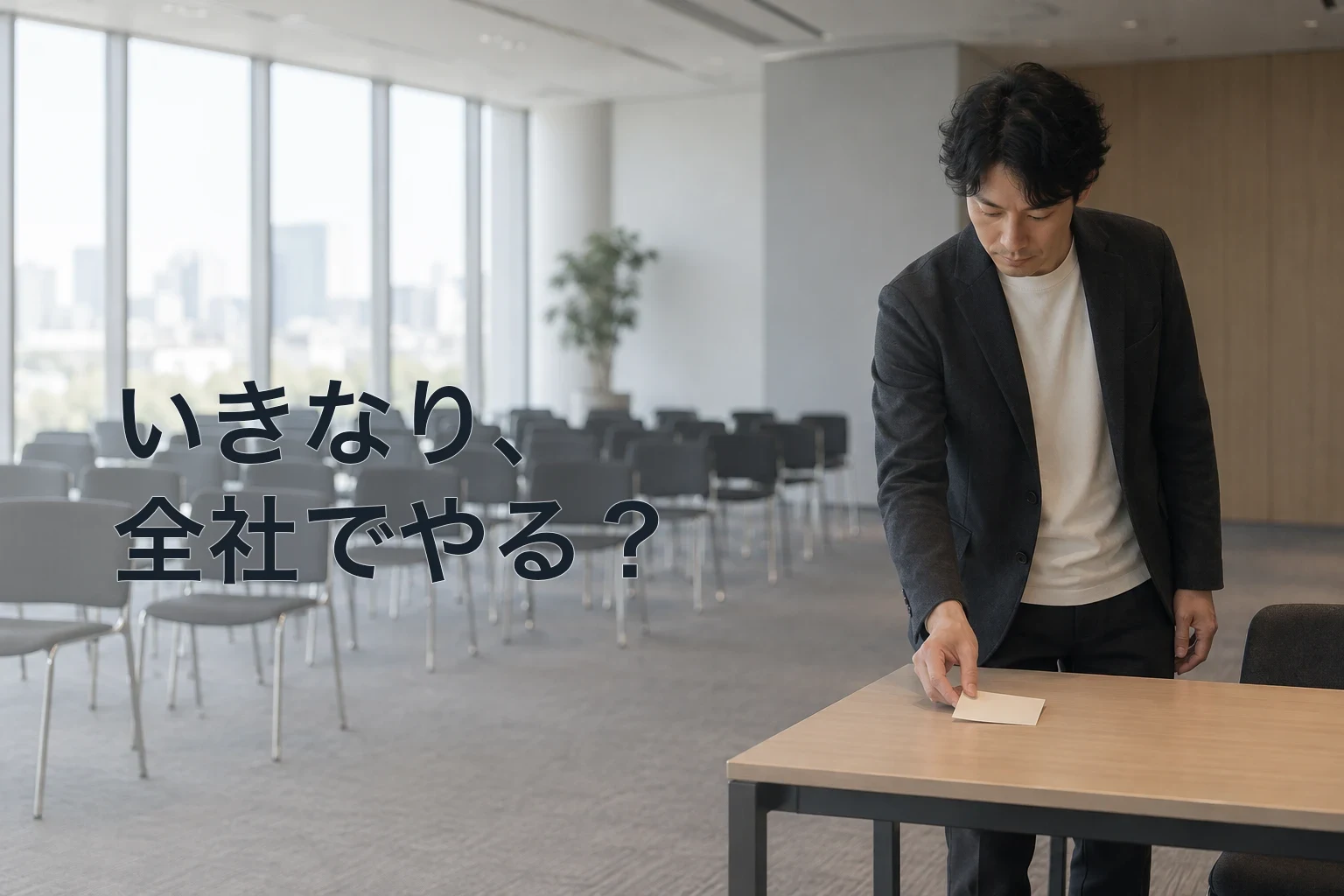 広い研修室の奥に並ぶ椅子を背に、手前の小さな机へ一枚のカードを置く担当者を表した編集写真
