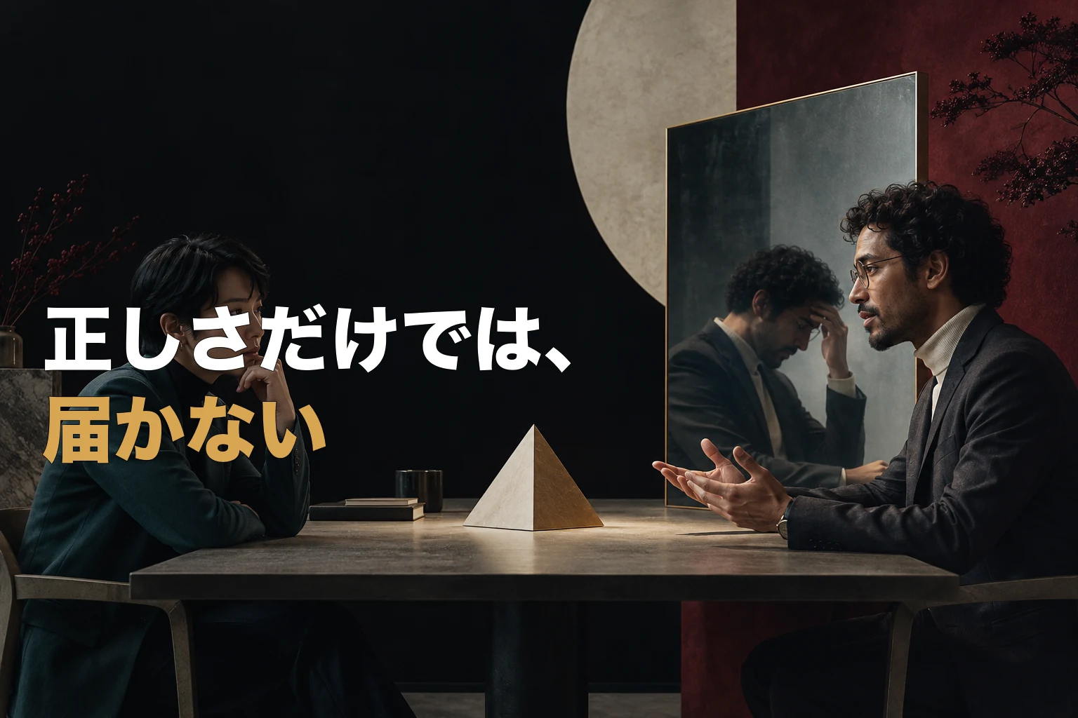 正しい形を挟んで向き合う二人と、発言者の矛盾した姿を映す鏡