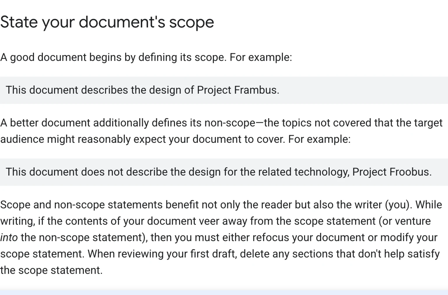 Google Technical Writingの文書範囲に関する説明。扱う範囲だけでなく扱わない範囲も明示する例を示している