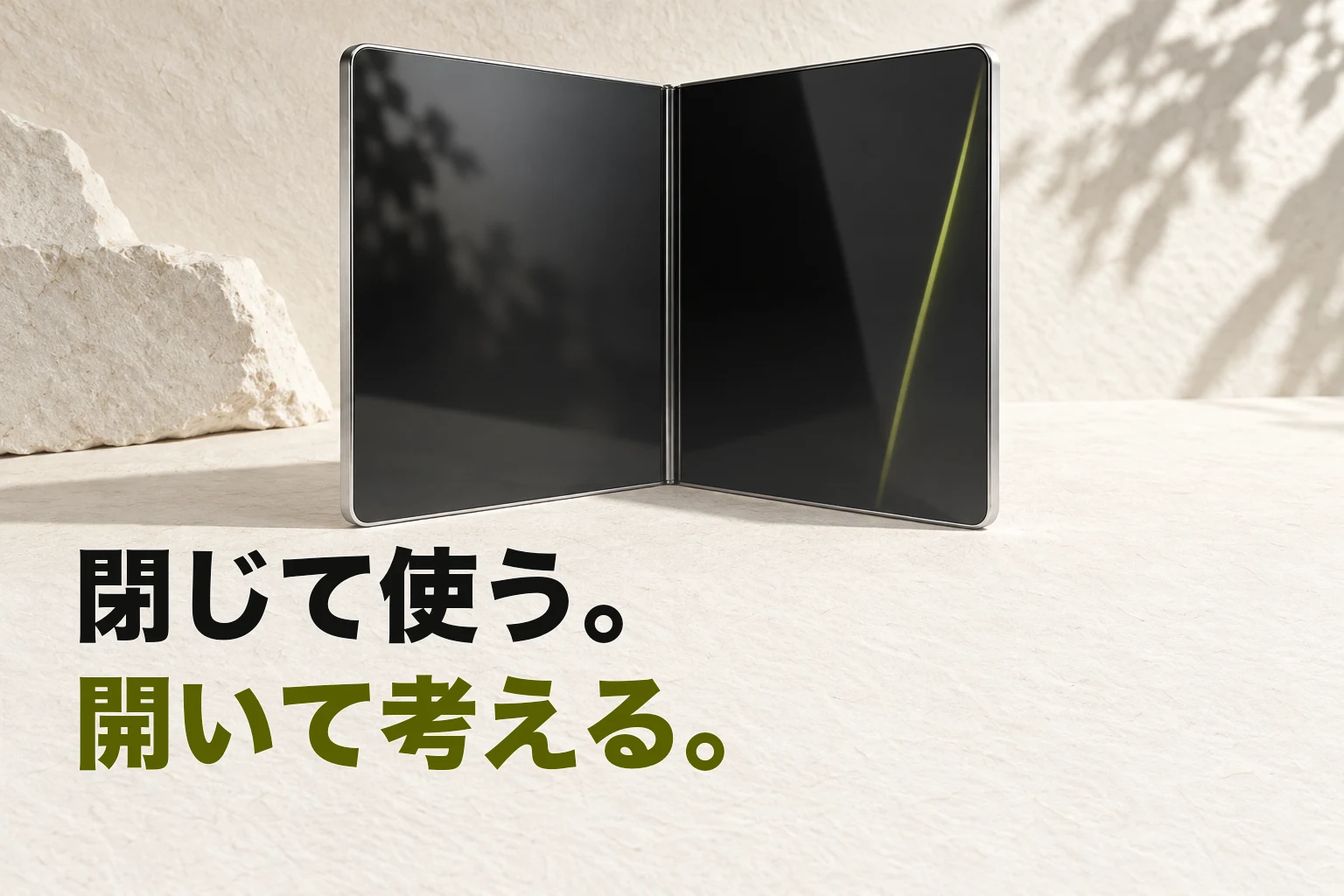 一枚の黒いガラス面が本のように開き、二つの作業面になる様子を表した編集部イメージ