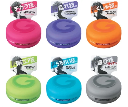 2006年発売時のムービングラバー6種類。丸い容器と、髪型を描いたイラスト入りの台紙が並ぶ。