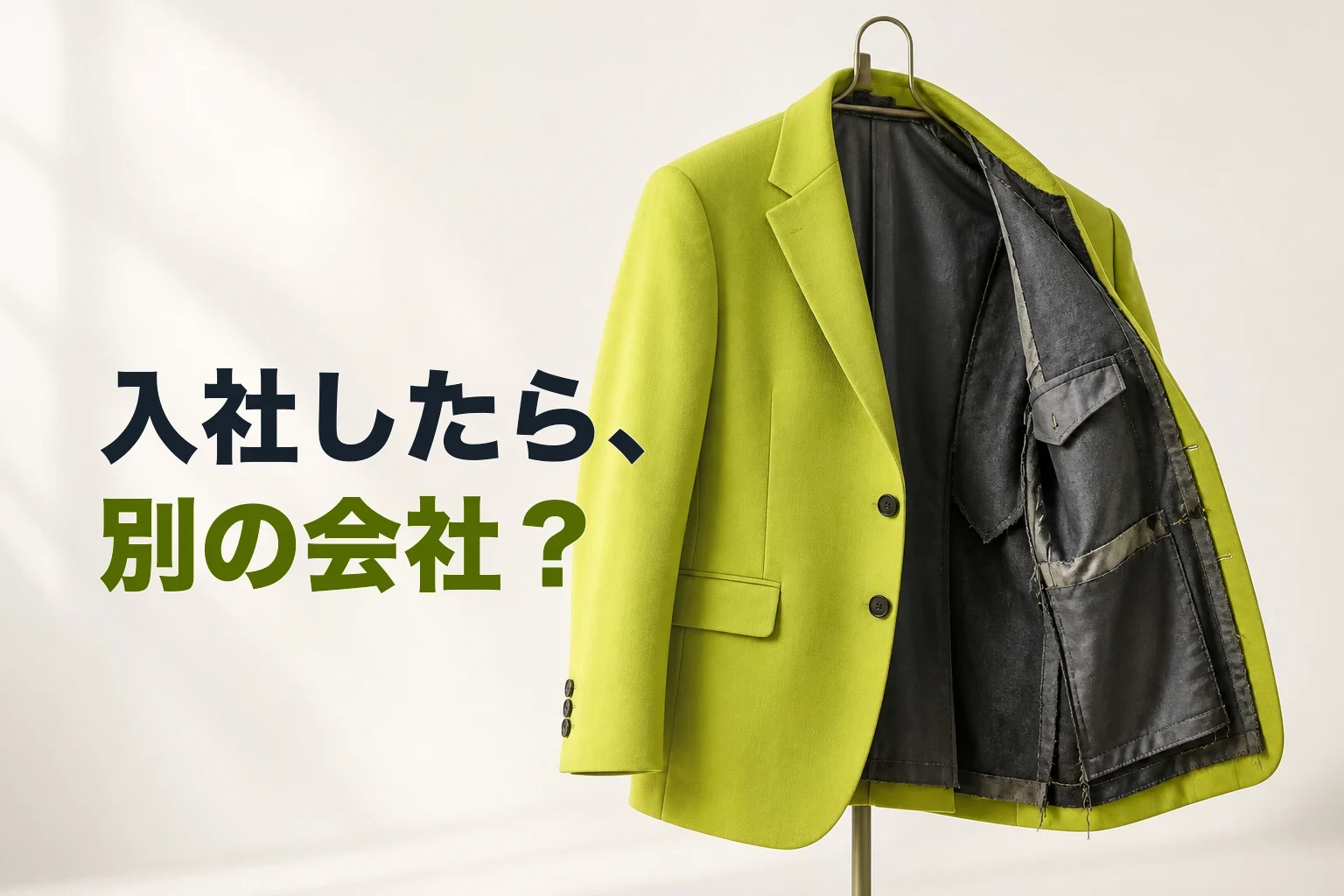 端正なライム色のジャケットが半分裏返り、粗くずれたチャコールの裏地を見せる編集ビジュアル