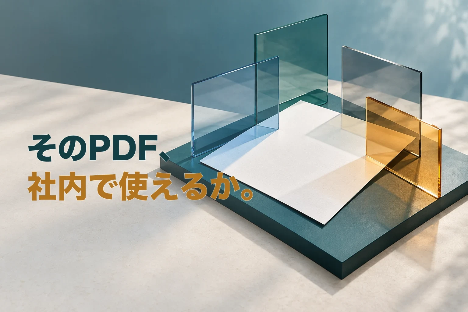 一枚の白い文書を、青緑、青灰、琥珀色の四つの透明なフレームが異なる角度から囲む抽象的なビジュアル