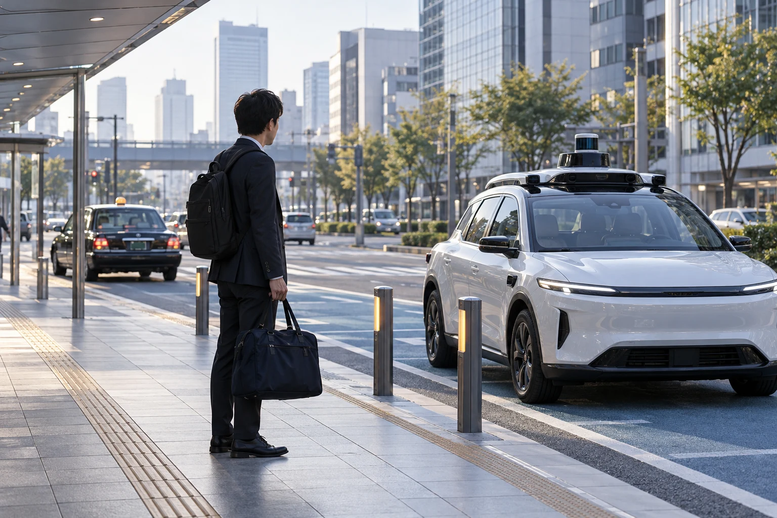 都市の乗降場所で、通常のタクシーと無人走行車のどちらを使うか考える通勤者。
