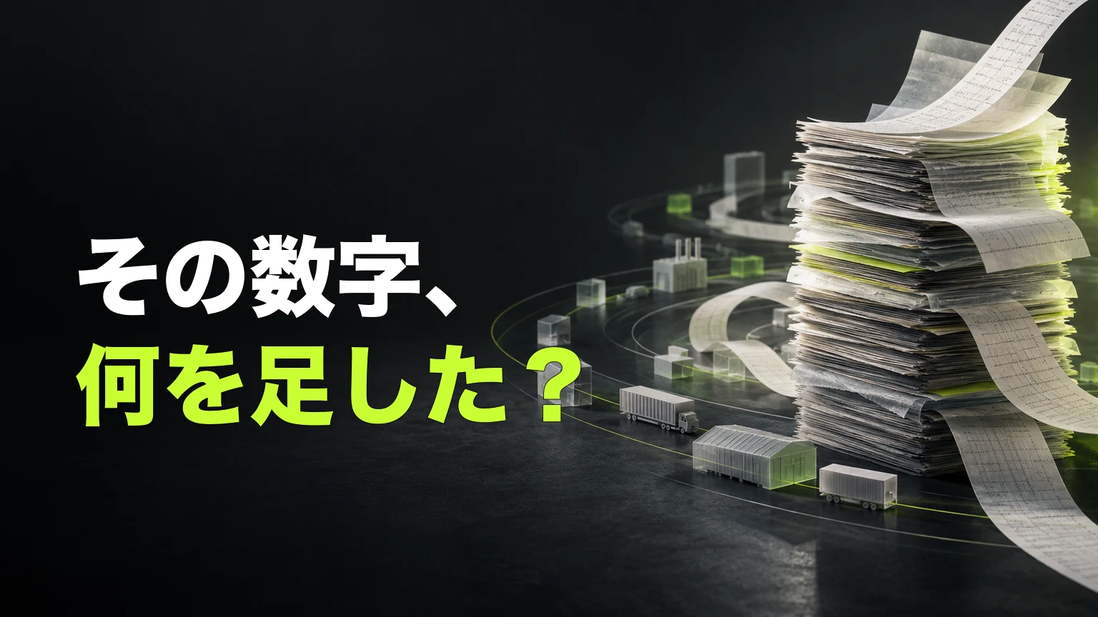 大量の帳票が積み上がり、その周囲を取引先や物流を表す抽象的な経済経路が広がる編集部制作ビジュアル。