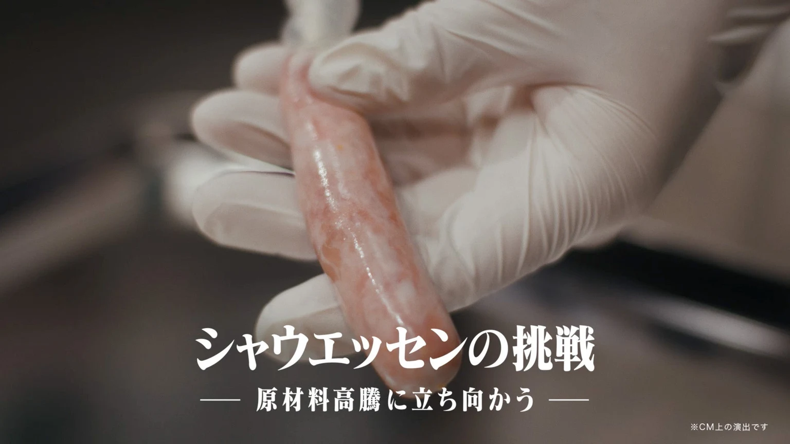 手袋をした手がシャウエッセンを持ち、原材料高騰への挑戦と表示するCMカット