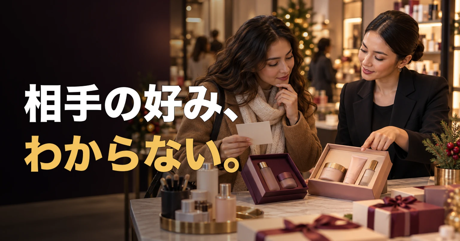 美容に詳しくない贈り手が、店員と二つのギフト候補を比べている生成ビジュアル。