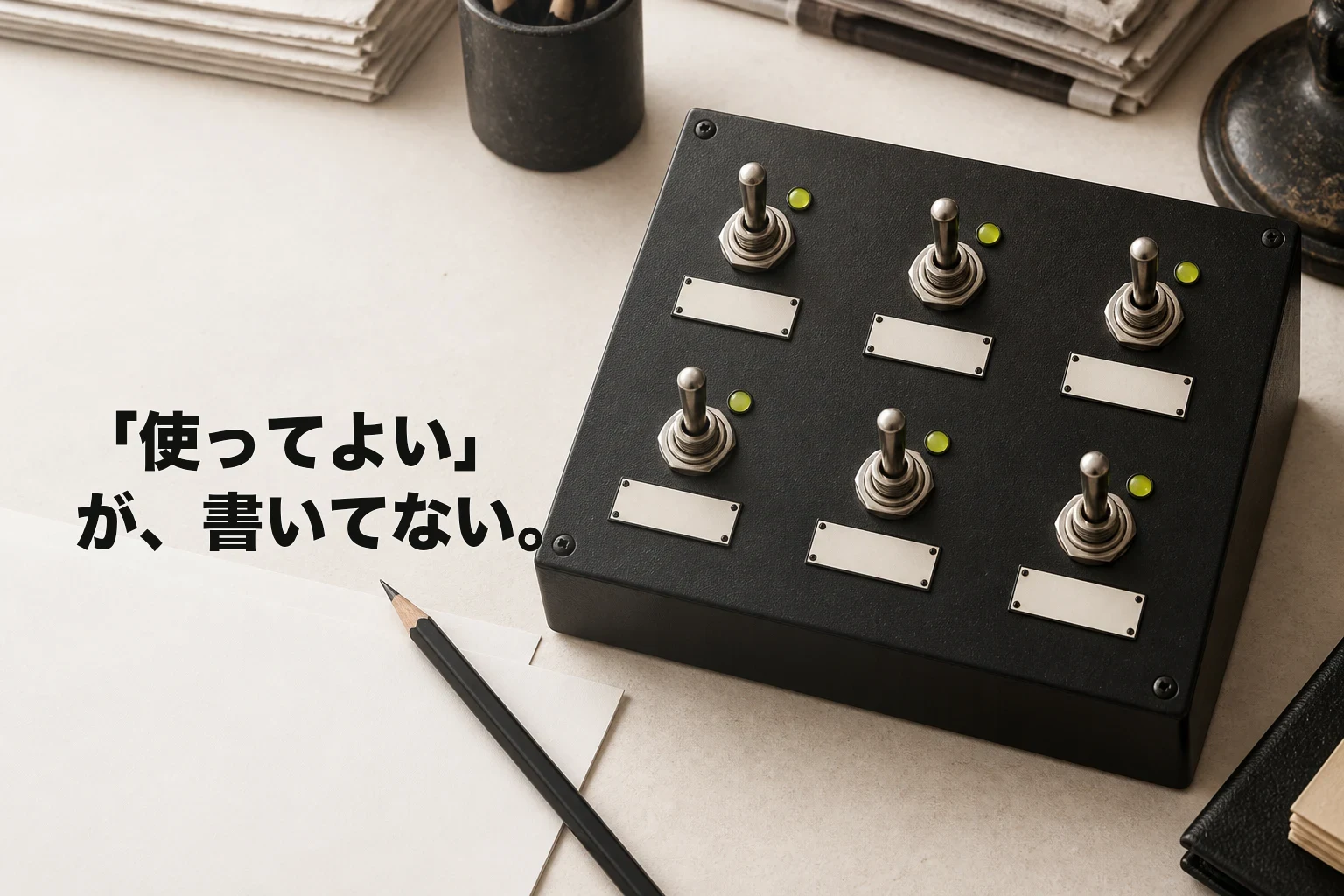 『「使ってよい」が、書いてない。』というコピーの横に、空欄のラベルが付いた六つの物理スイッチと黒鉛筆、校正紙を置いた編集写真