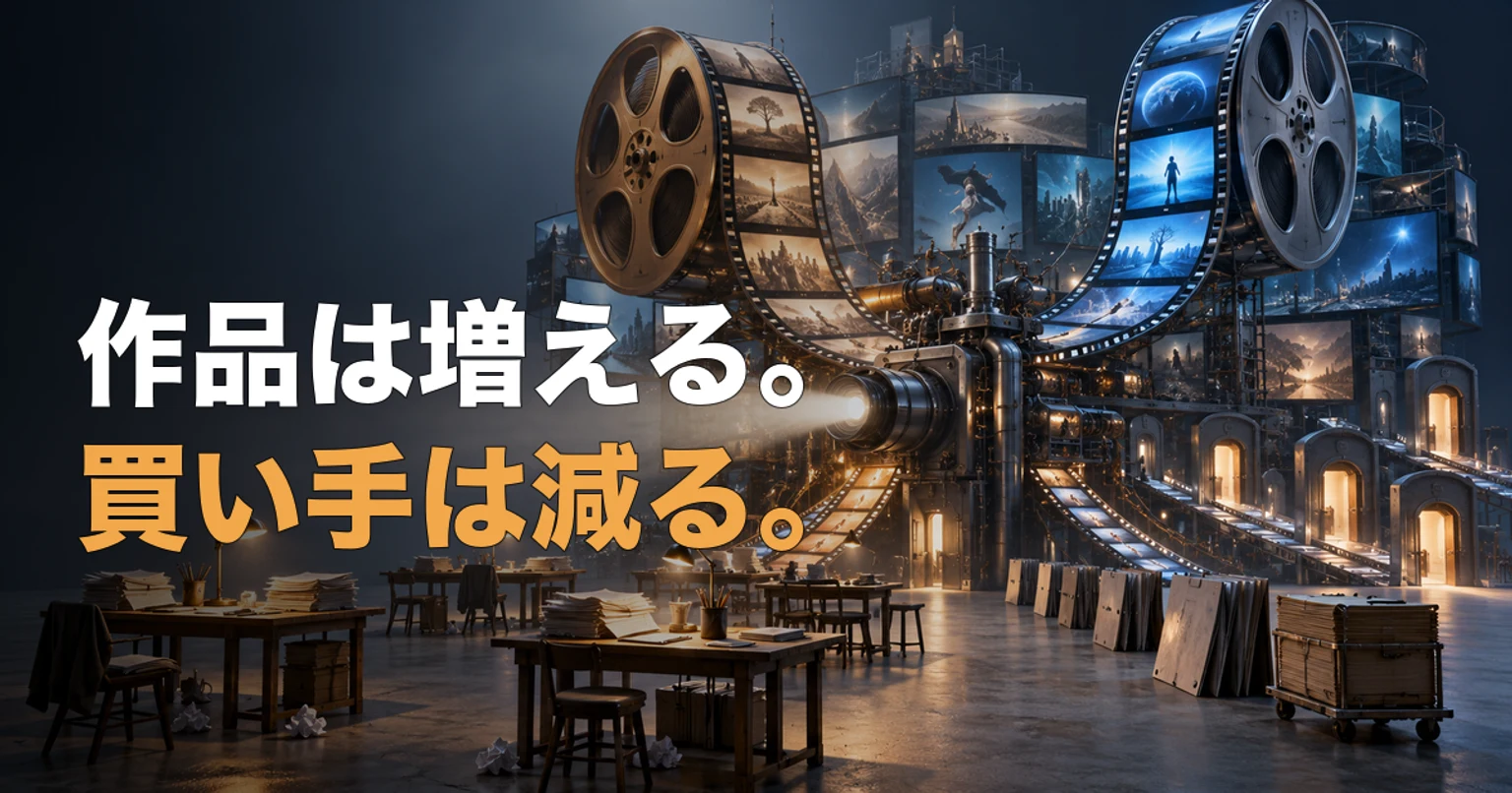 二つの巨大なフィルム経路が一つの配給装置へ合流し、手前に複数の脚本机が置かれた編集部制作ビジュアル。