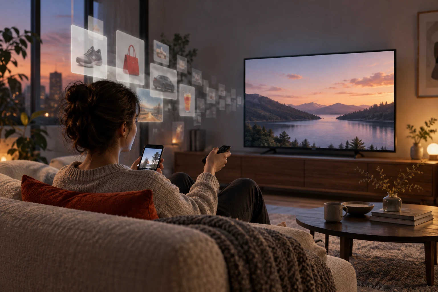 テレビとスマートフォンの間で視線を選び、周囲の広告らしい光のカードが薄れていく視聴者の編集部制作ビジュアル。