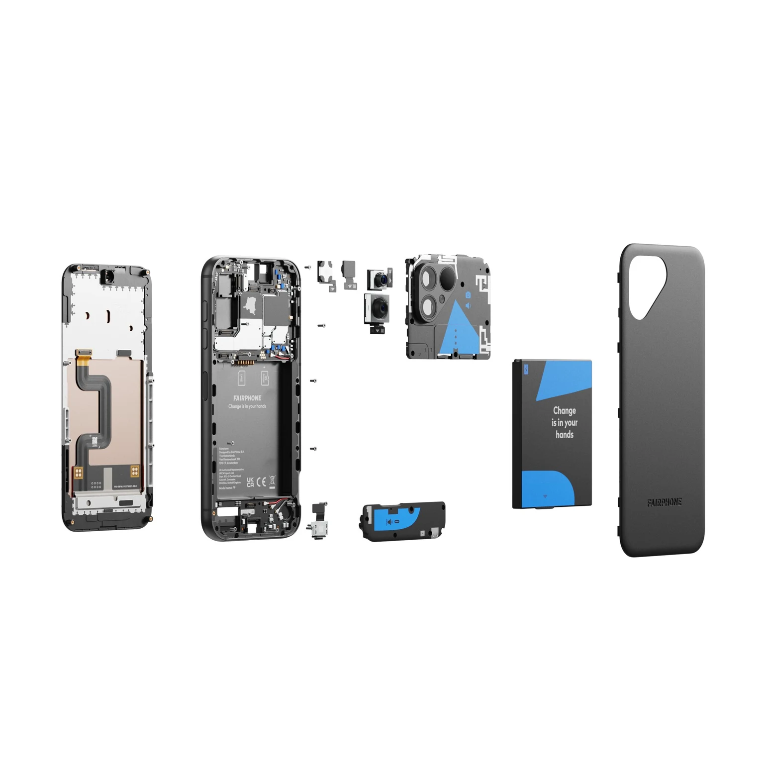 Fairphone 5の画面、本体、カメラ、電池、背面カバーを離して配置した公式分解イメージ