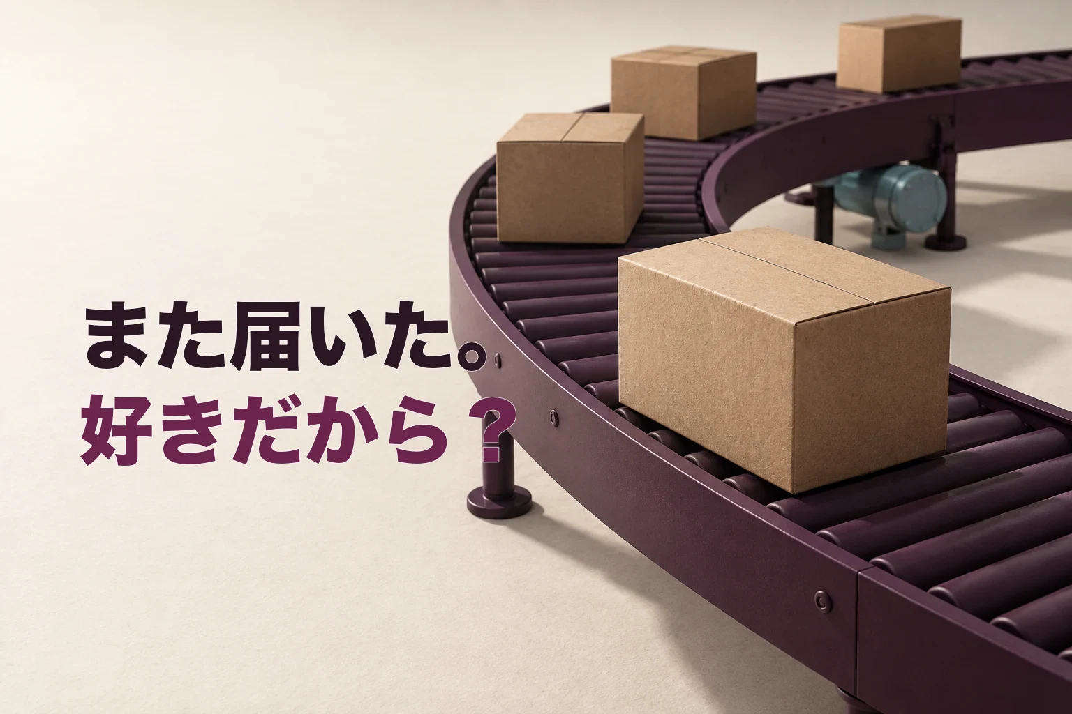 深いプラム色の円形コンベアを、文字のない同じクラフト箱が繰り返し運ばれている編集ビジュアル
