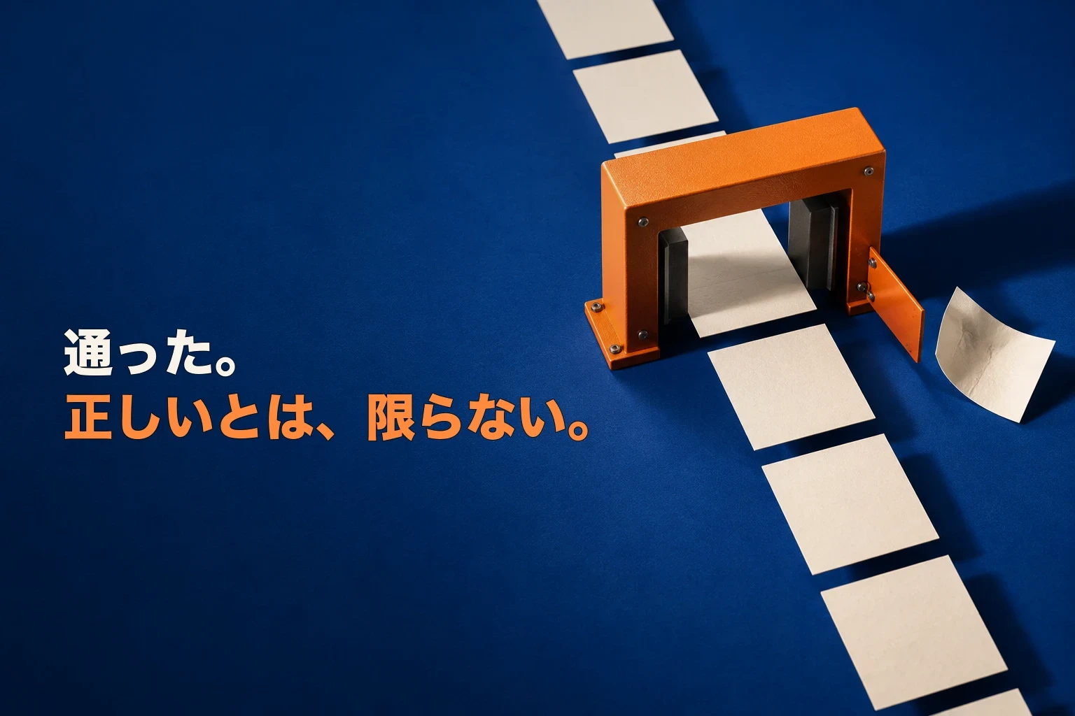 『通った。正しいとは、限らない。』というコピーの横で、無地のカードが橙色の検査ゲートを通り、一枚だけが脇へ弾かれる群青の工業的な静物