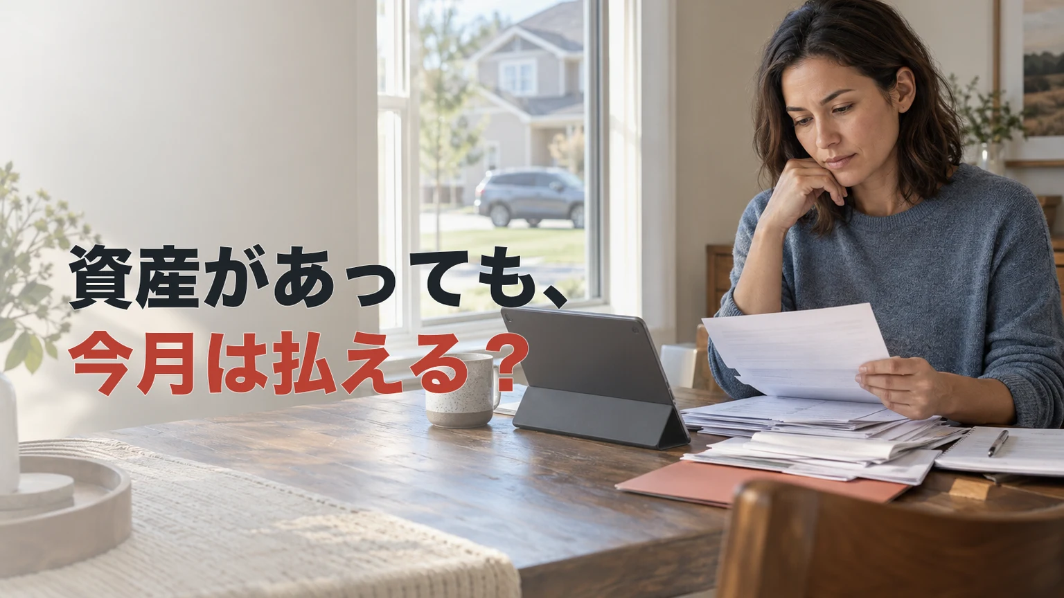 米国の家庭で、請求書を手に家計を確認する女性。窓の外に住宅と車が見える。